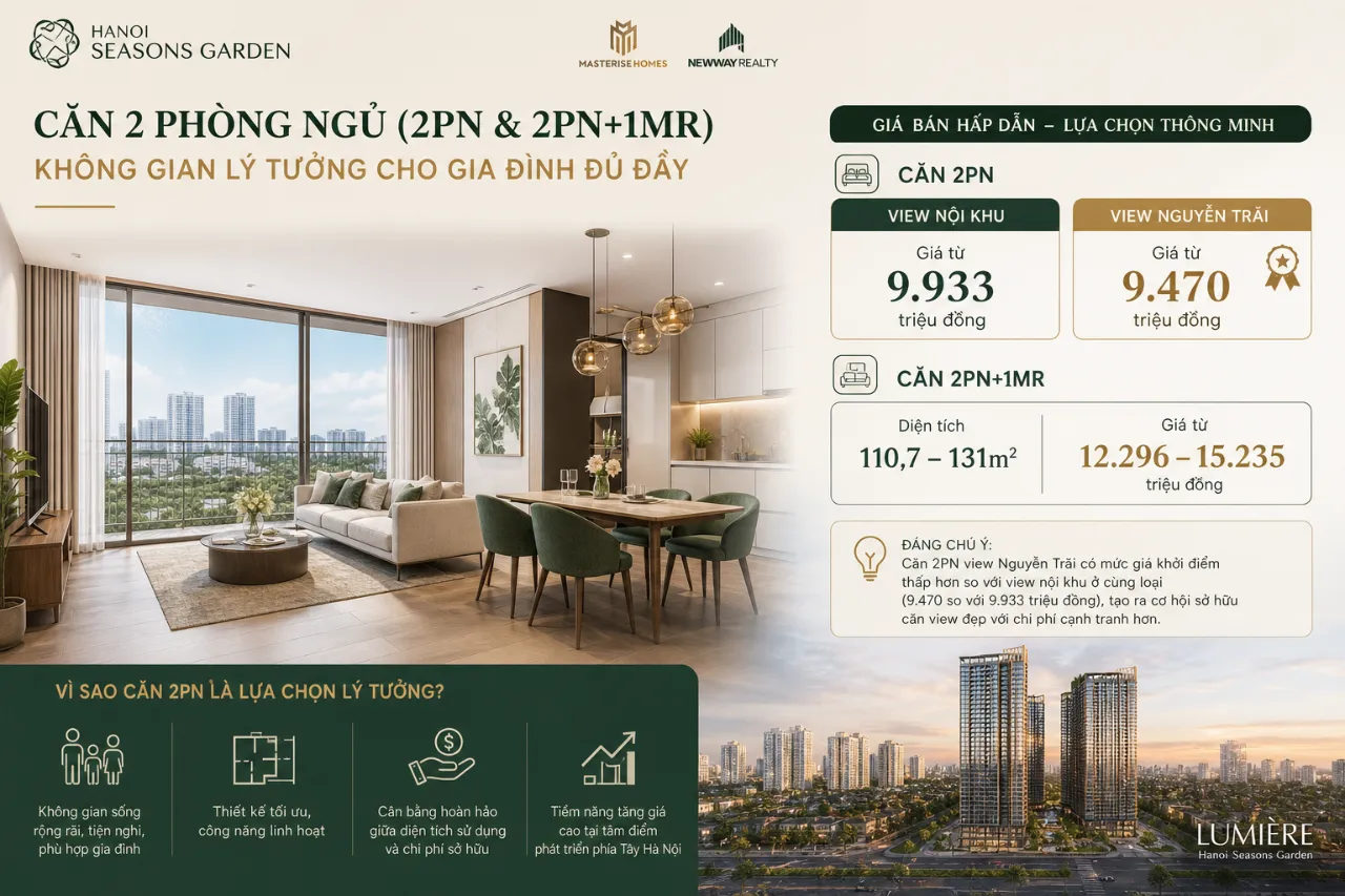 Căn 2 phòng ngủ (2PN và 2PN+1MR): Không gian lý tưởng cho gia đình đủ đầy