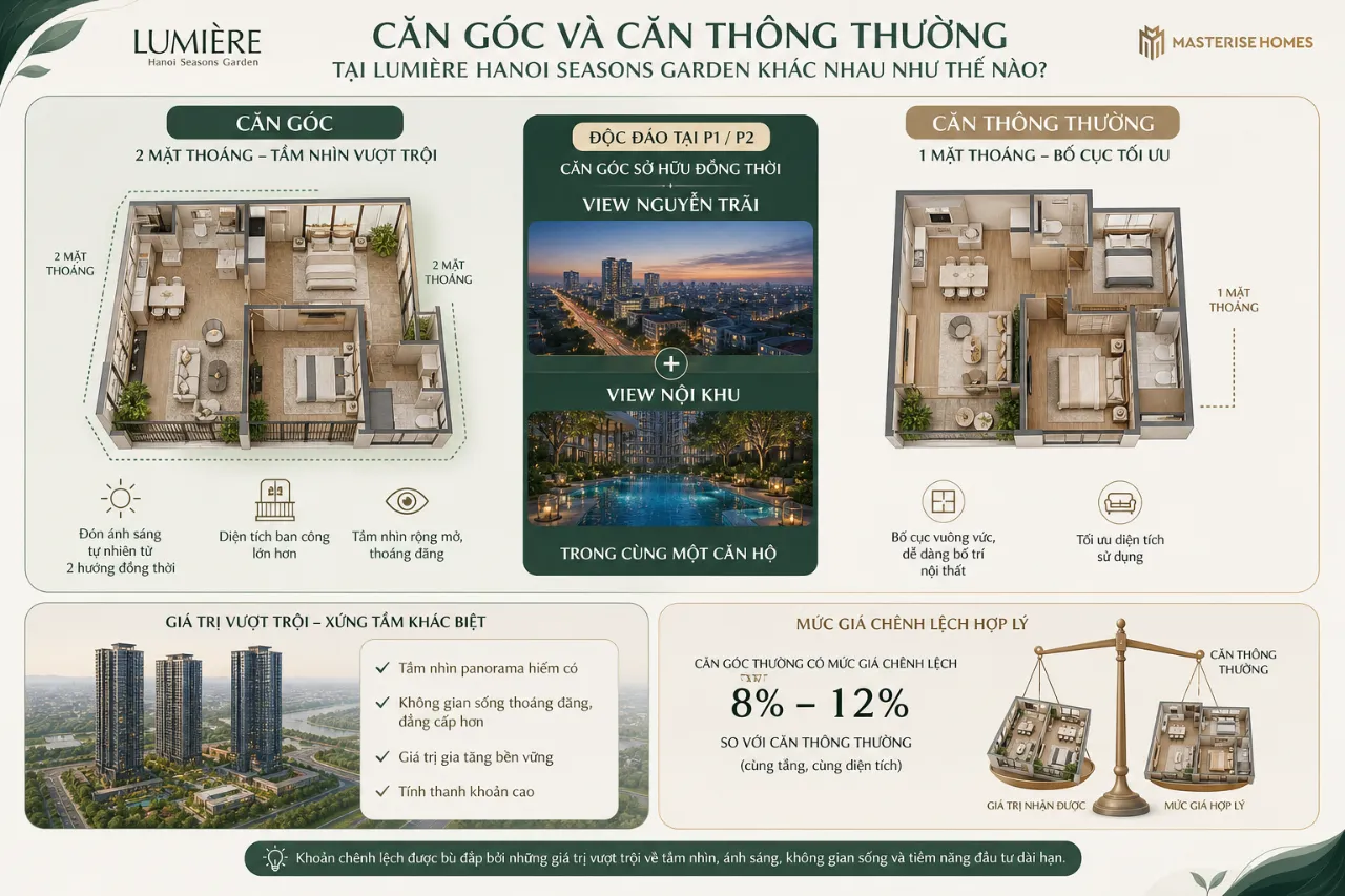 Căn góc và căn thông thường tại Lumière Hanoi Seasons Garden khác nhau như thế nào?