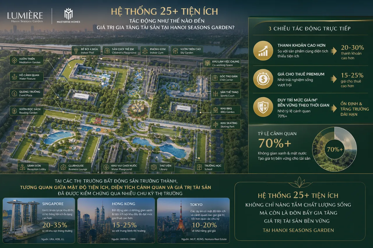 Hệ thống 25+ tiện ích tác động như thế nào đến giá trị gia tăng tài sản tại Hanoi Seasons Garden?