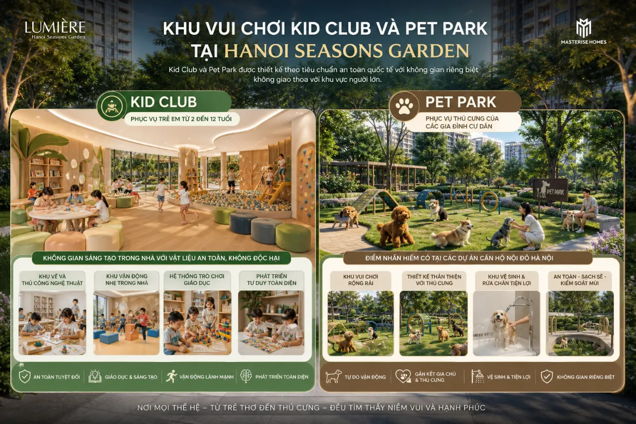Khu vui chơi Kid Club và Pet Park tại Hanoi Seasons Garden phục vụ những đối tượng nào?