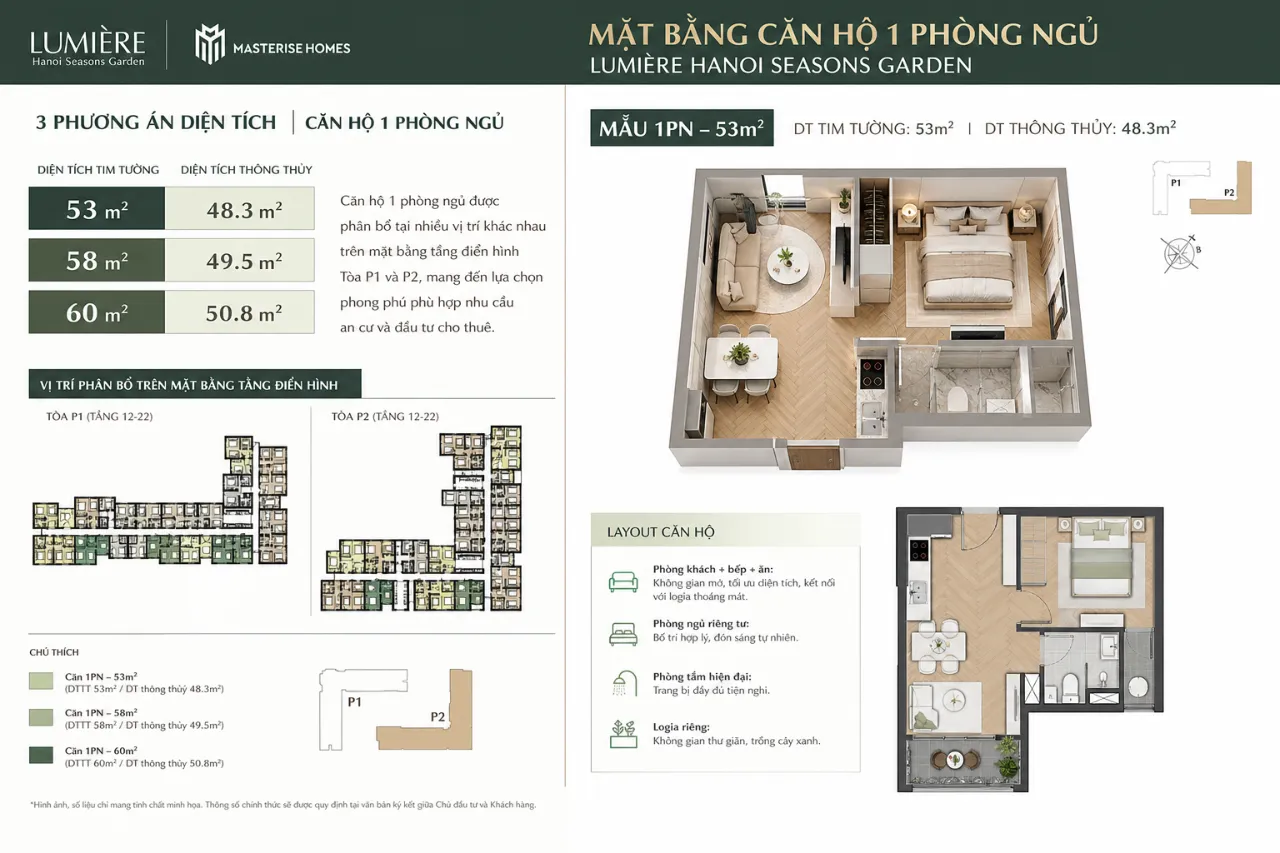 Mặt bằng căn hộ 1 phòng ngủ Lumière Hanoi Seasons Garden có diện tích và layout như thế nào?