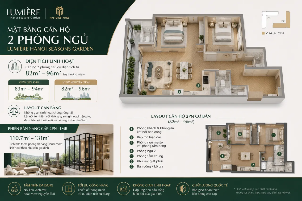Mặt bằng căn hộ 2 phòng ngủ Lumière Hanoi Seasons Garden có diện tích và layout như thế nào?