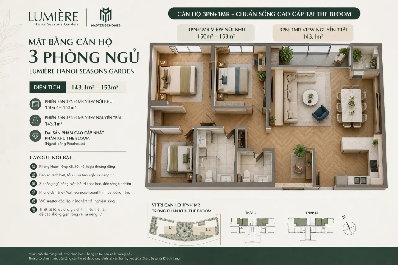 Mặt bằng căn hộ 3 phòng ngủ Lumière Hanoi Seasons Garden có diện tích và layout như thế nào?