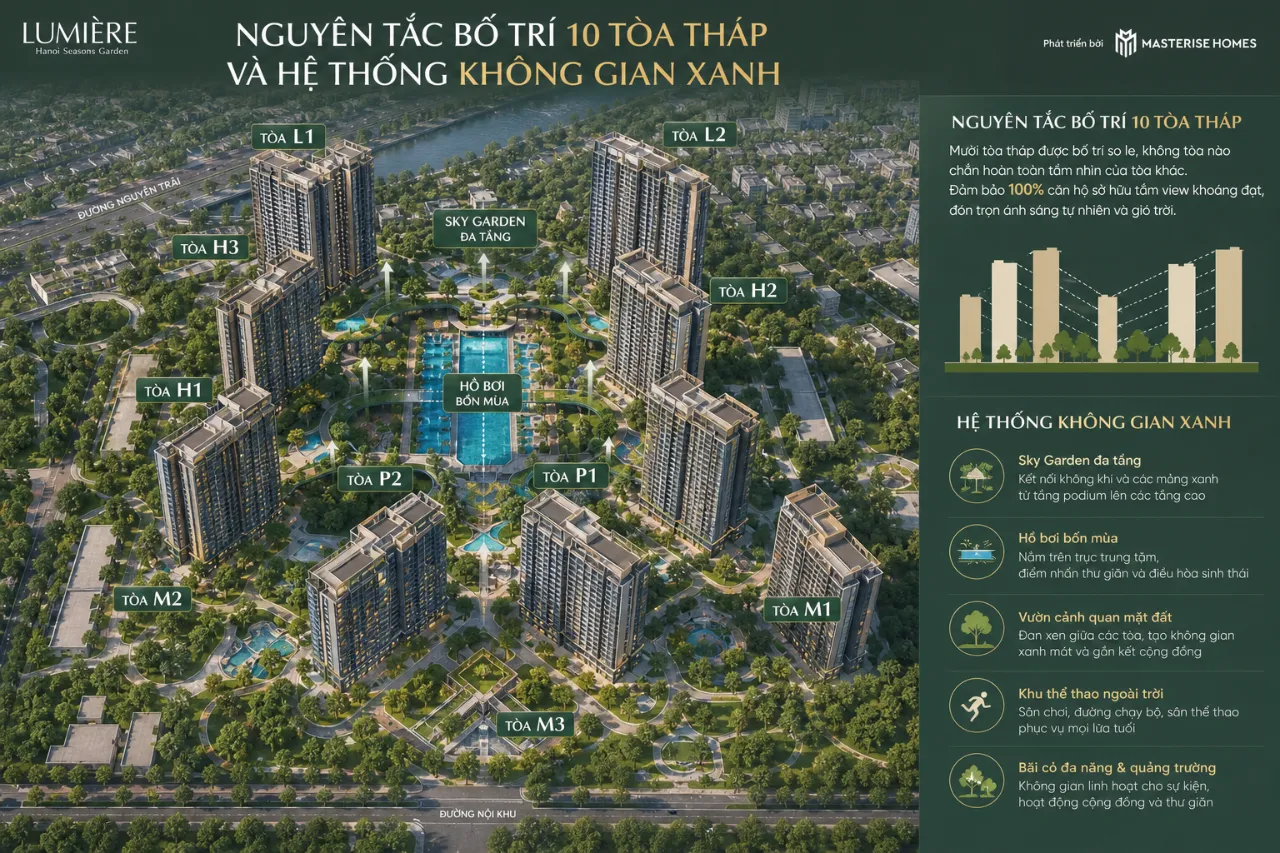 Nguyên tắc bố trí 10 tòa tháp và hệ thống không gian xanh